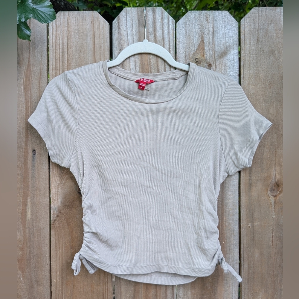 Guess Beige Tan Ribbed Knit Runched Crop Top